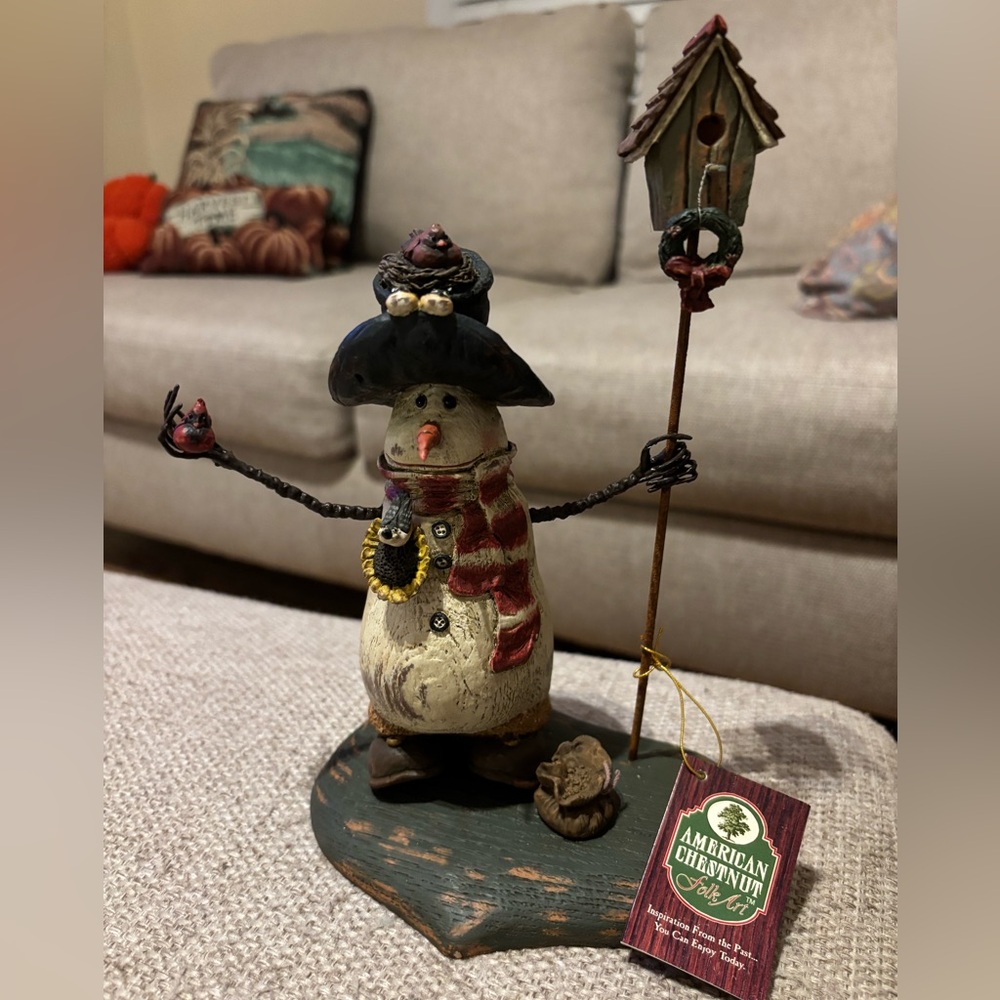 American Chestnut Folk Art AM1304 Winter Haven Snowman with Birds